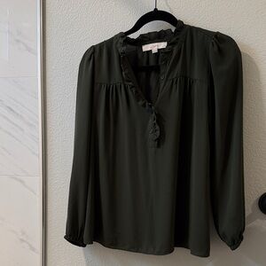 LOFT Dark Green Ruffled Blouse